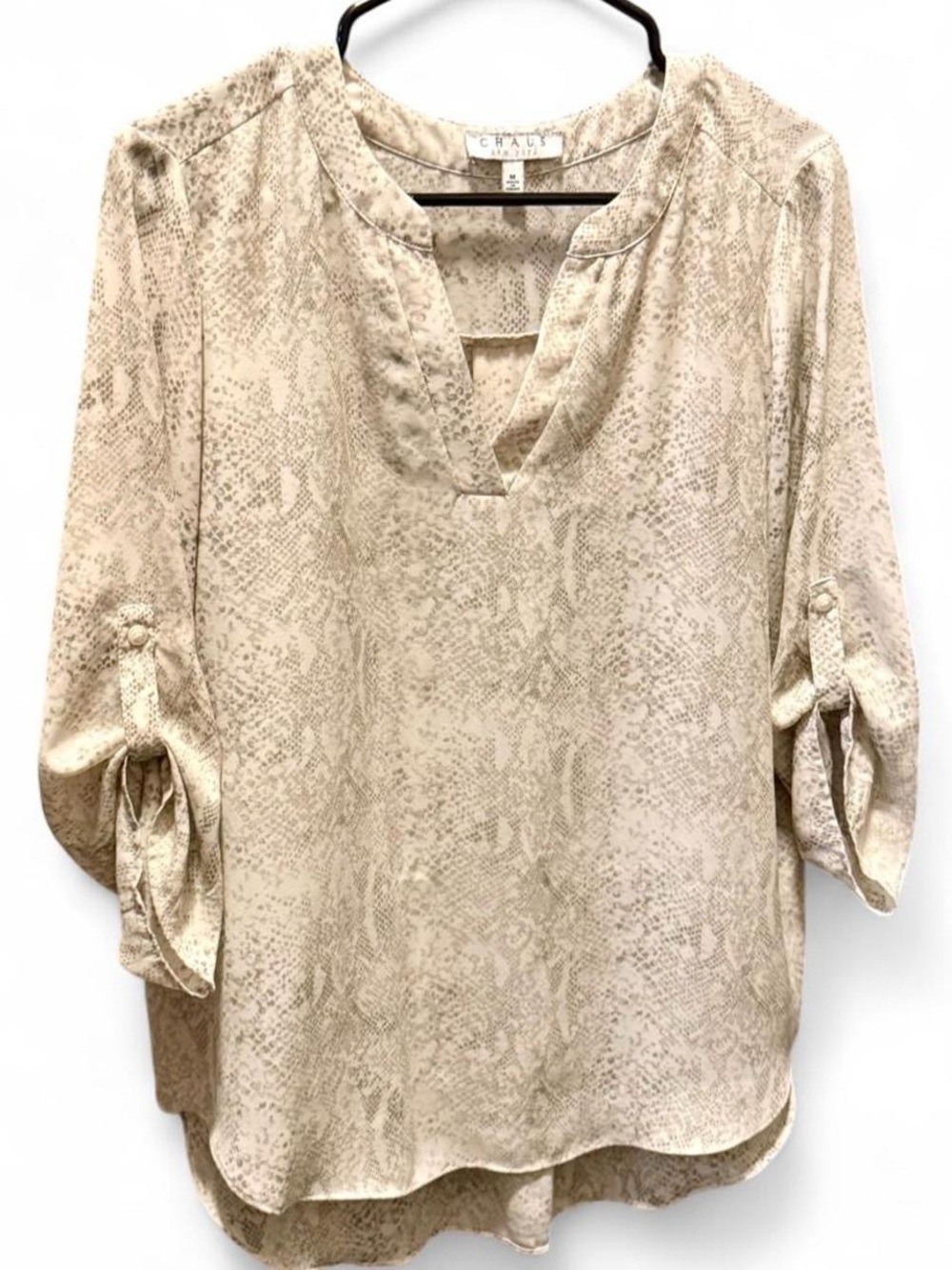 Chaus cream & white snake print blouse with tie sleeves, size M